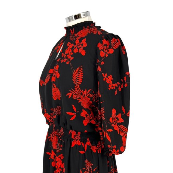 Nanette Lepore Floral Midi A-Line Dress High Neck Black Red Size 12 - Picture 5 of 12